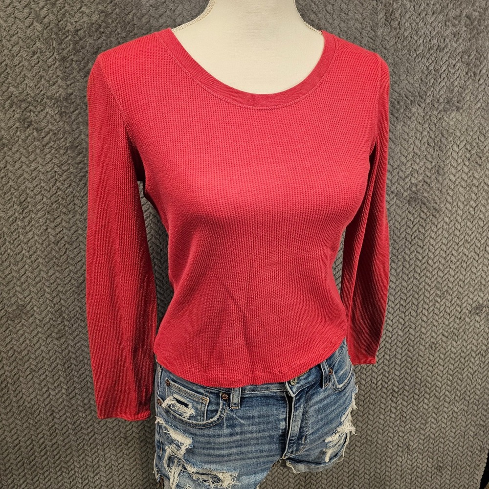 Gap Womens‎ Small Red Waffle Knit Thermal Long Sleeve Crew Neck Top Shirt
